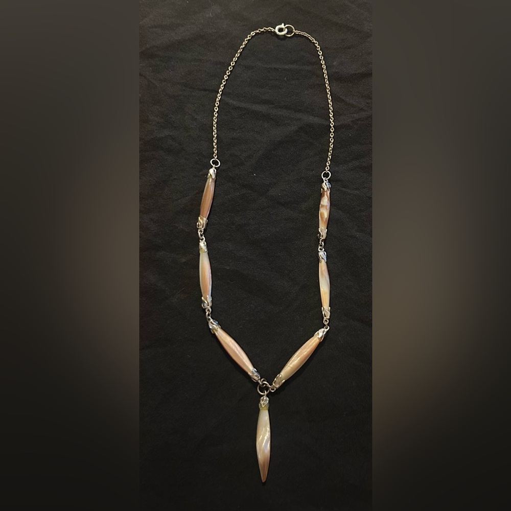 Mother-of-pearl vintage Y-drop collar necklace Silver and Gold Tone